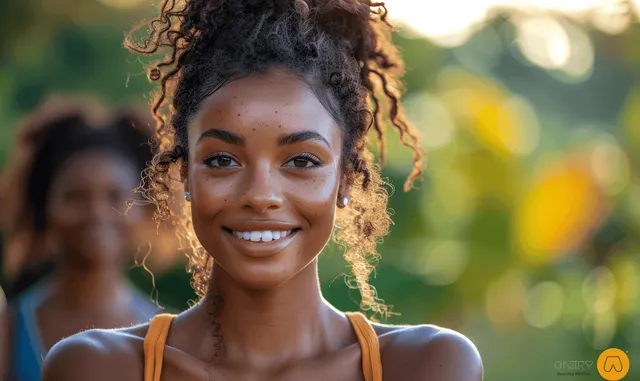 A joyful Black woman practices yoga outdoors at golden hour with friends, embodying wellness and relaxation in a park setting.