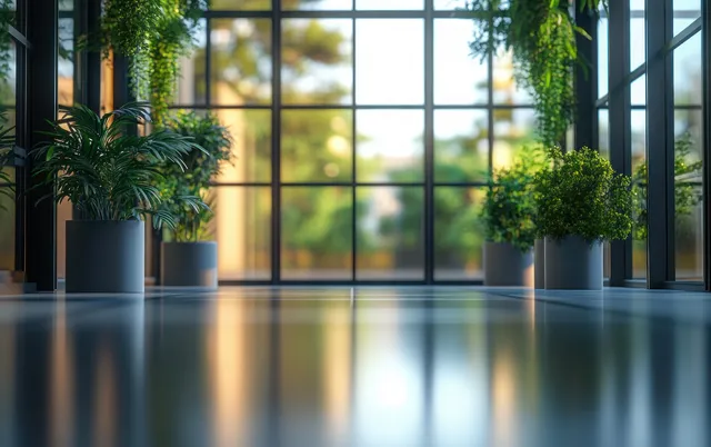 A bright hallway with glass walls, potted plants, and reflections on a polished floor.