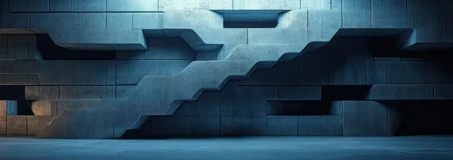 Low-angle view of an empty futuristic metal corridor with interlocking geometric panels and soft blue lighting.