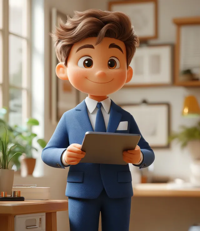 A 3D businessman in a blue suit holds a tablet while standing in a bright minimalist office.