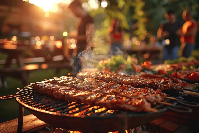 Friends grilling barbecue meat in a garden at golden hour, laughter and warm bokeh