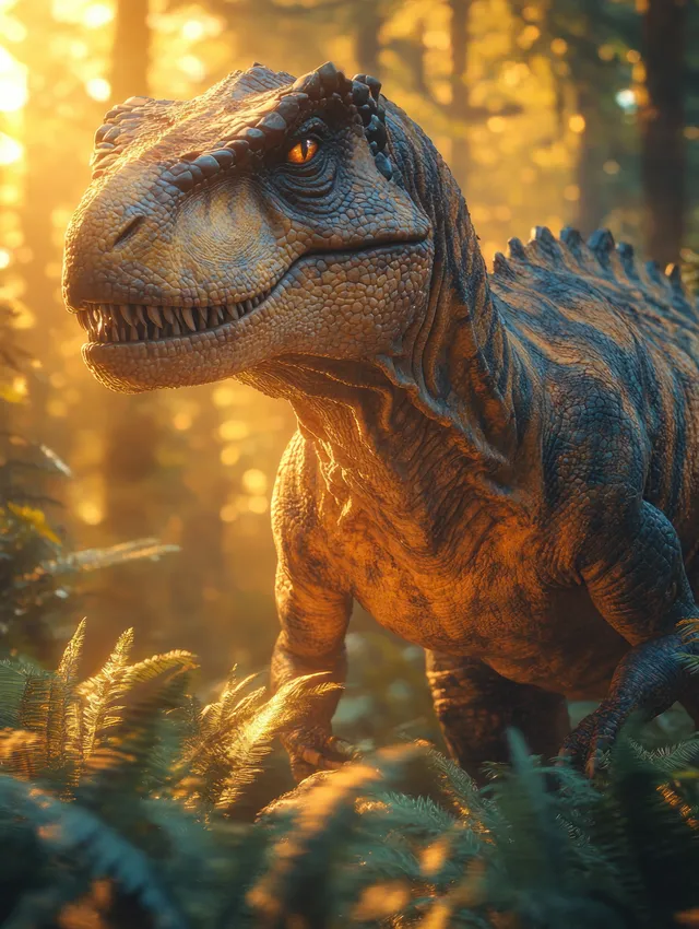 An Iguanodon dinosaur walks through a sunlit prehistoric jungle with dense green foliage in the background.