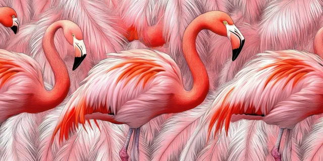 Pink flamingos among soft watercolor tropical feathers and leaves