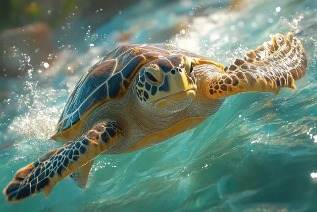 A hawksbill turtle swims underwater above a coral reef with dappled sunlight and bubbles.