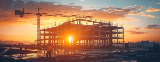 Steel frame office building under construction at sunset with a crane and workers around the structure.