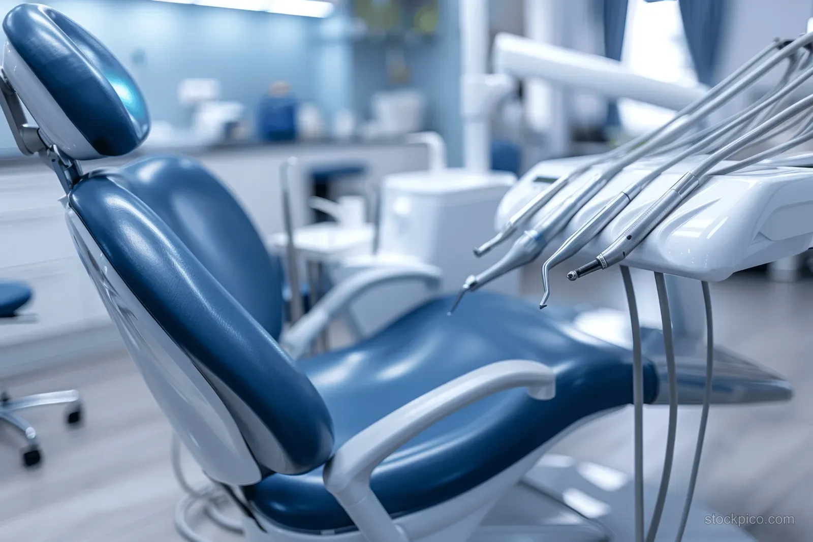 Empty dental chair with overhead light and connected instrument tray in a clean clinic room.