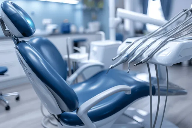 Empty dental chair with overhead light and connected instrument tray in a clean clinic room.