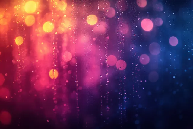 Multicolored bokeh light circles and soft flares blend across a dark blue to magenta gradient background.