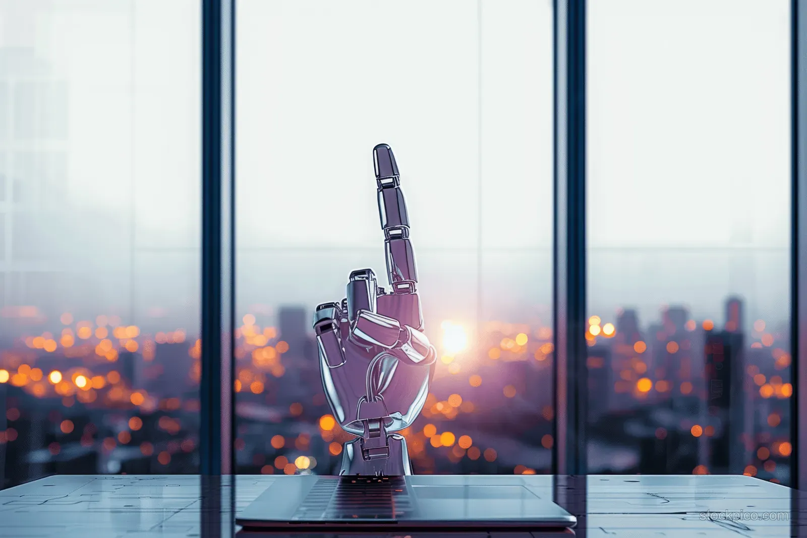 A metallic robot hand sits on a glass desk in front of large office windows showing blurred city lights at night.