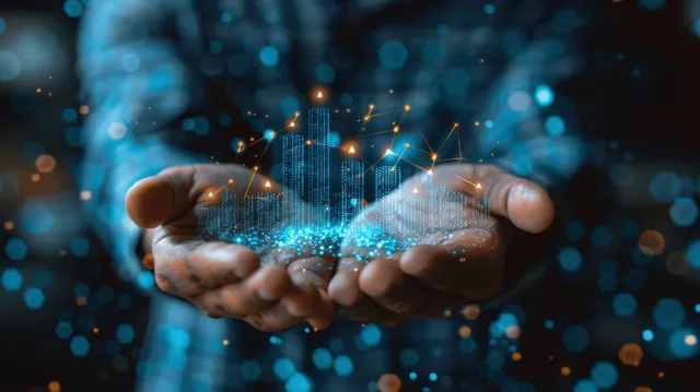 Businessman holding glowing data arrows for quality improvement and cost reduction strategy