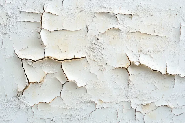 Weathered white paint cracks and flakes across a wall with exposed plaster beneath.