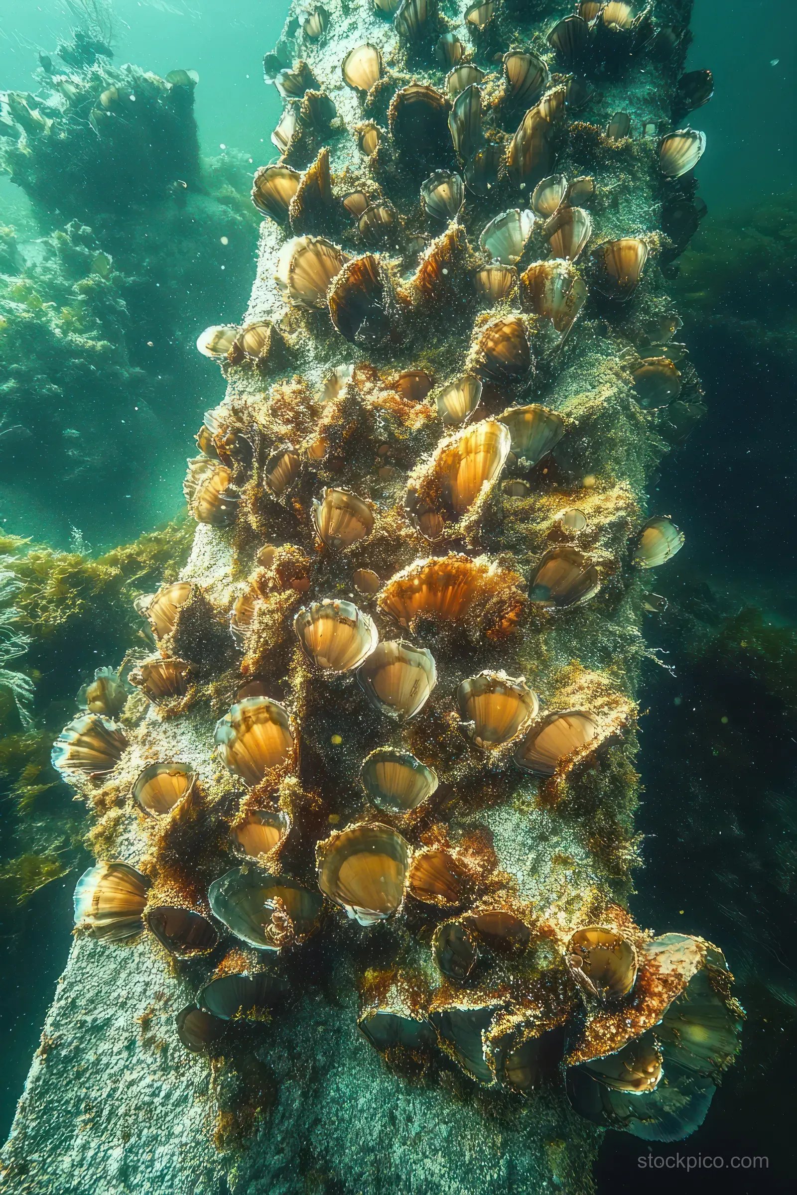Underwater pillar covered with brown scallop shells and green algae in clear greenish water.