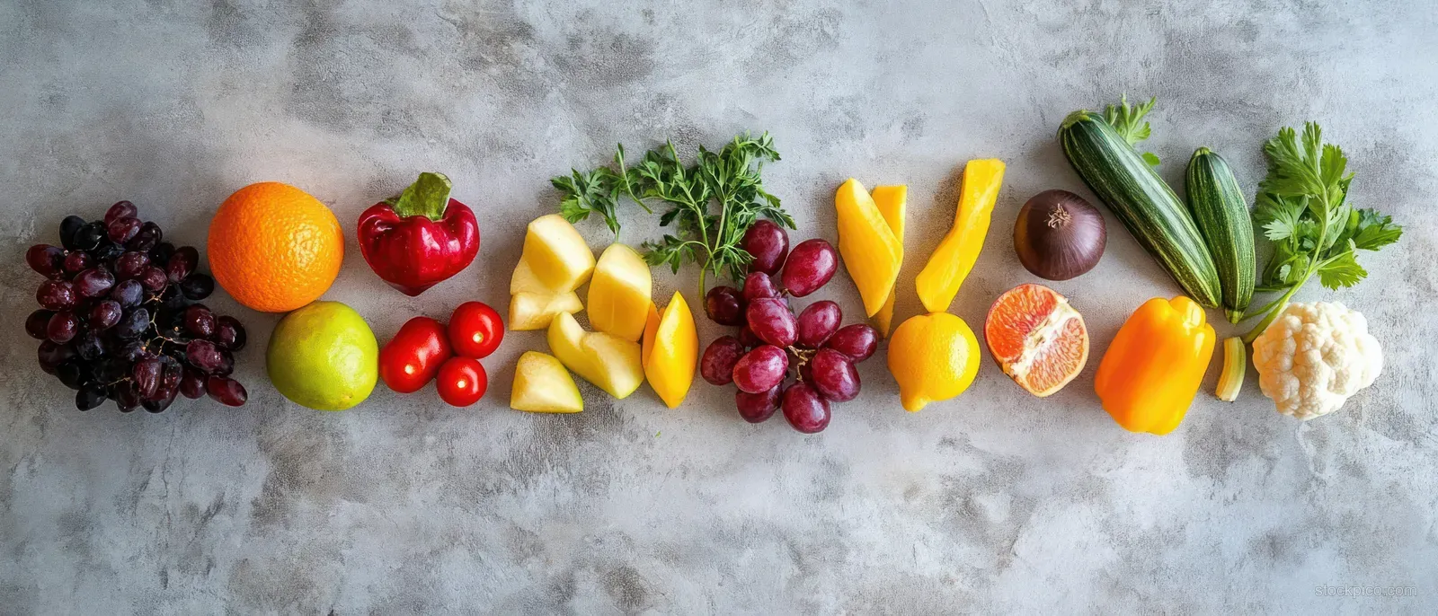 Assorted grapes, citrus fruits, tomatoes, peppers, and herbs neatly arranged on a gray surface.