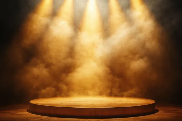 Gold spotlight stage with circular podium, glowing haze, and dramatic warm background