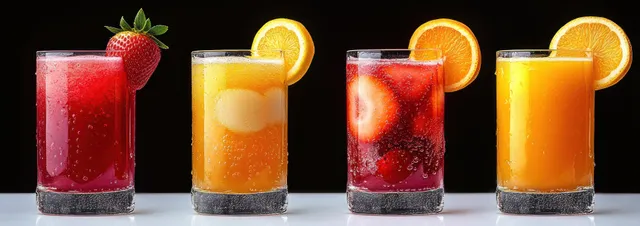 Four sparkling fruit drinks in tall glasses with strawberry and orange slice garnish on a reflective black surface.