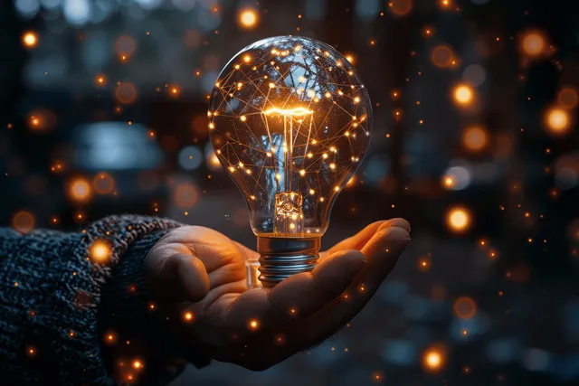 Hands hold a glowing digital light bulb with faint learning icon shapes over a dark bokeh background.