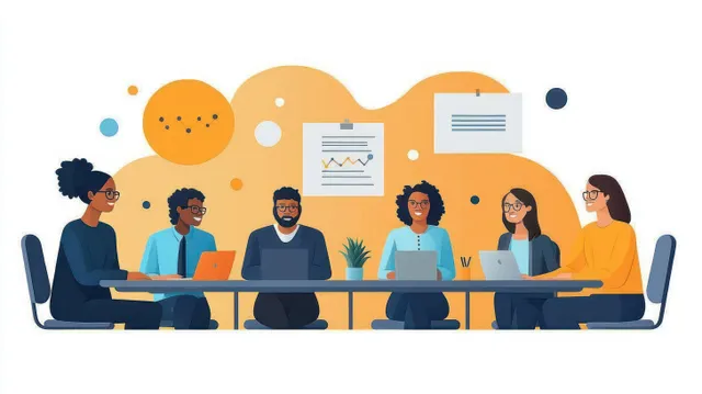 Six coworkers sit around a table working on laptops while charts and documents appear on the wall behind them.