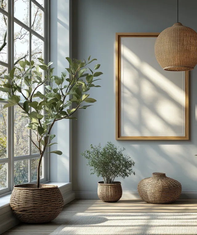 Minimal wooden picture frame on a white wall with sunlit shadows, potted plants, and woven decor.