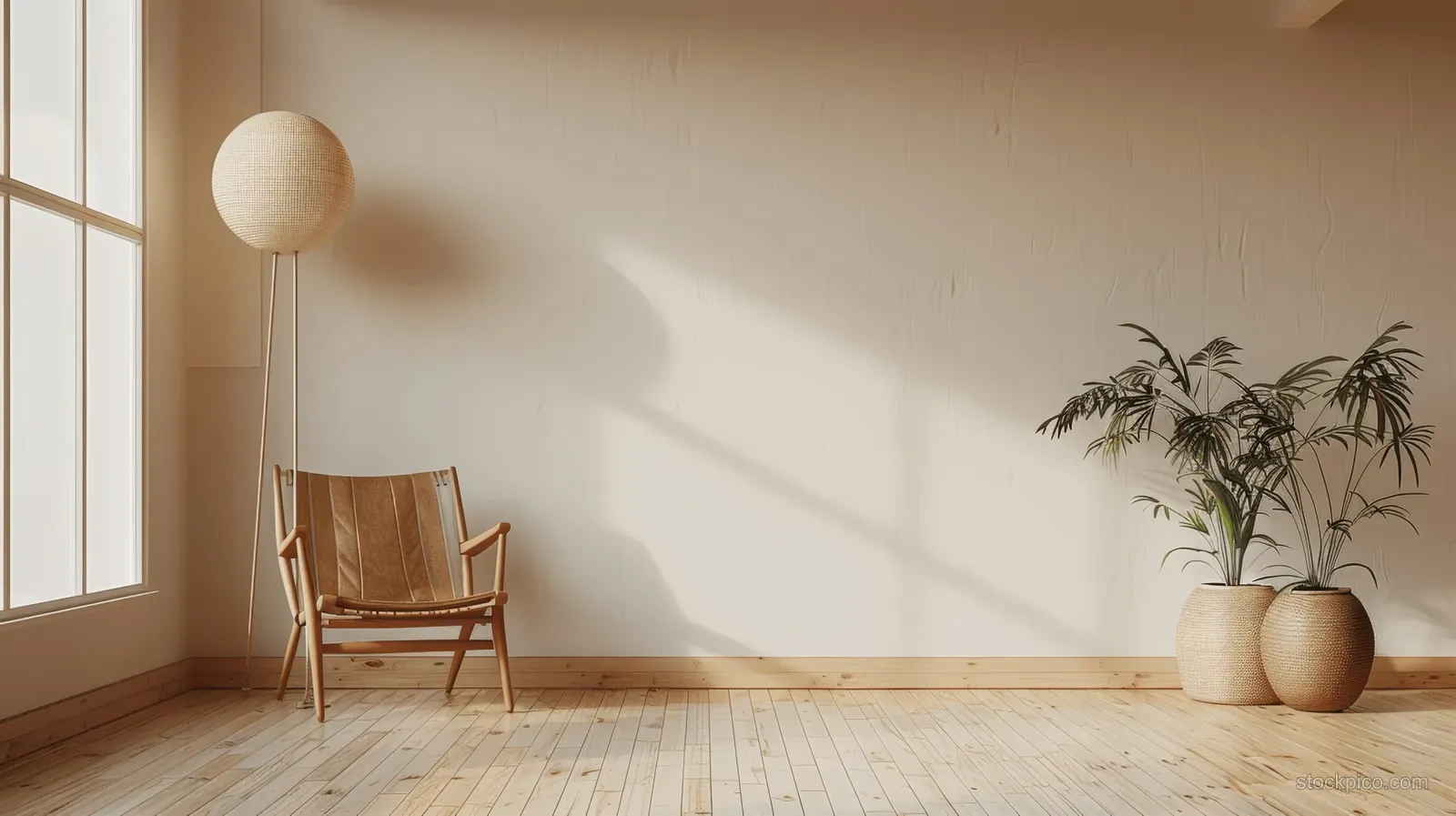 Brown leather armchair and a standing lamp placed on a wooden floor against a white wall in a minimal Scandinavian living room.
