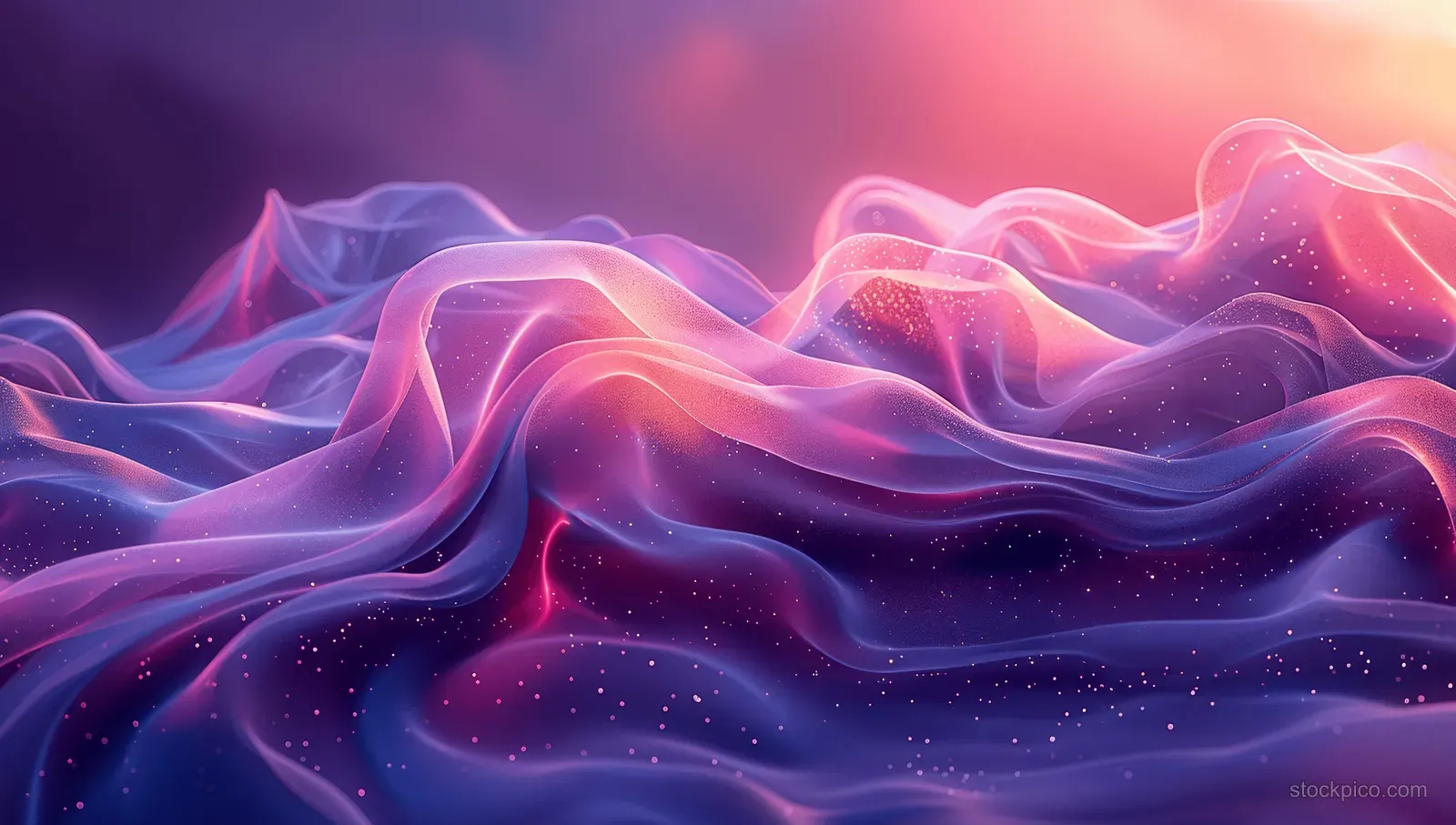 Blue and purple neon wave ribbons glow across a soft gradient abstract background.