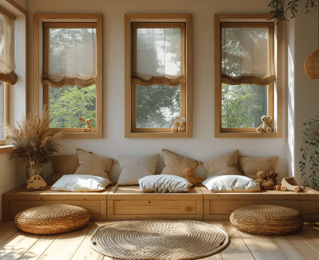 Scandinavian children’s playroom with wooden framed windows, cushions, rugs, and small toys near a storage chest.