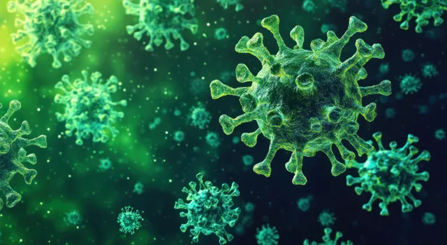 Green virus particles floating in dark space, glowing biohazard infection outbreak
