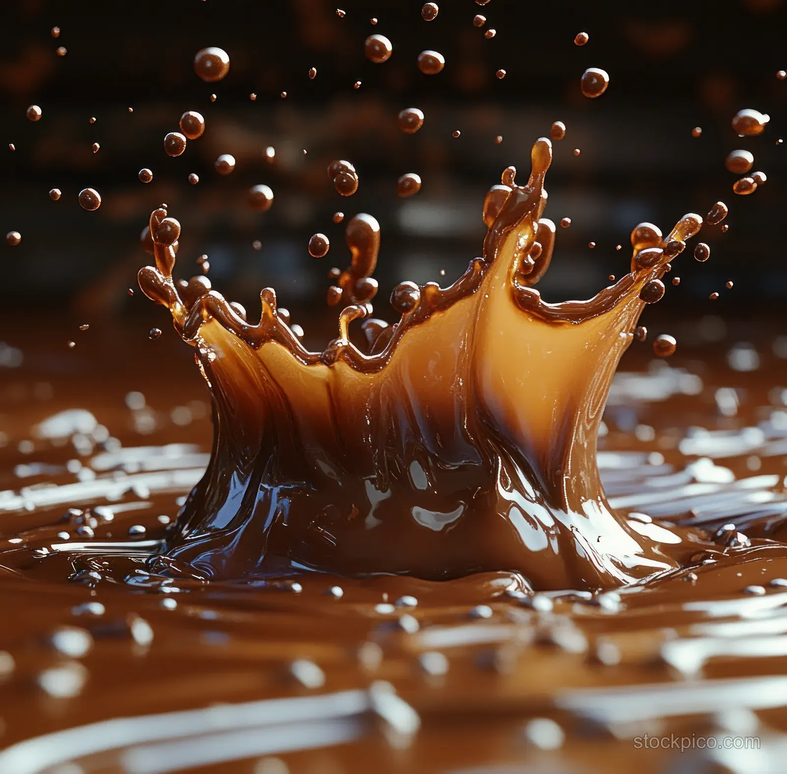 Chocolate splash crown rises from a glossy dark cocoa pool with droplets suspended midair.