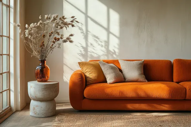 Sunlit living room with a burnt orange sofa, round table, and a vase of dried flowers near a large window.