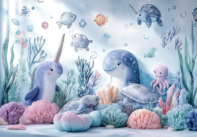 Whimsical underwater animals swim among corals in soft watercolor