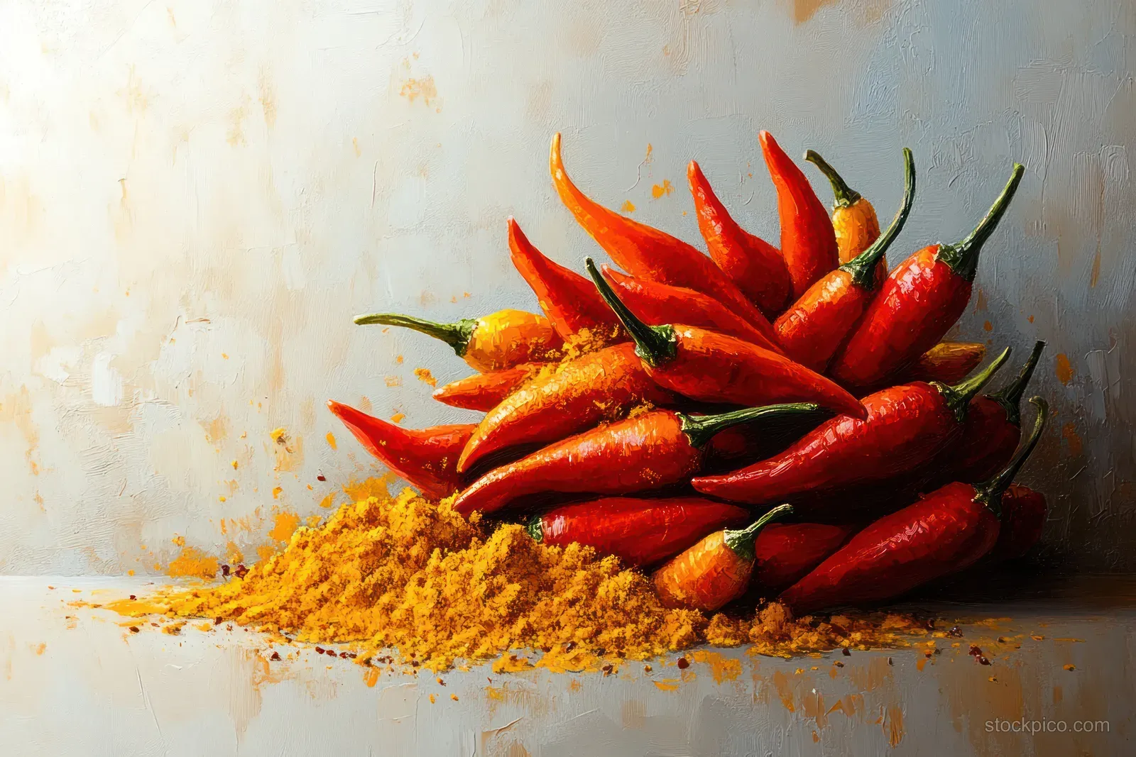 Red chili peppers and chili powder scatter across a white surface with visible pepper slices.