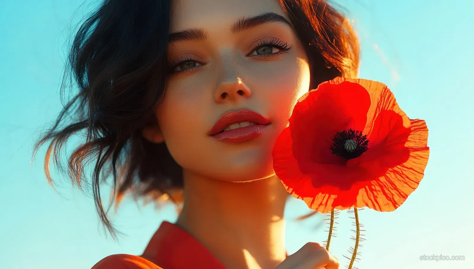 Close-up portrait of a young woman holding a red poppy flower against a clear blue sky.