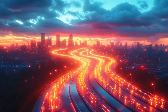 Aerial neon-lit Bangkok highways curve between skyscrapers as traffic light trails glow under dusk clouds.