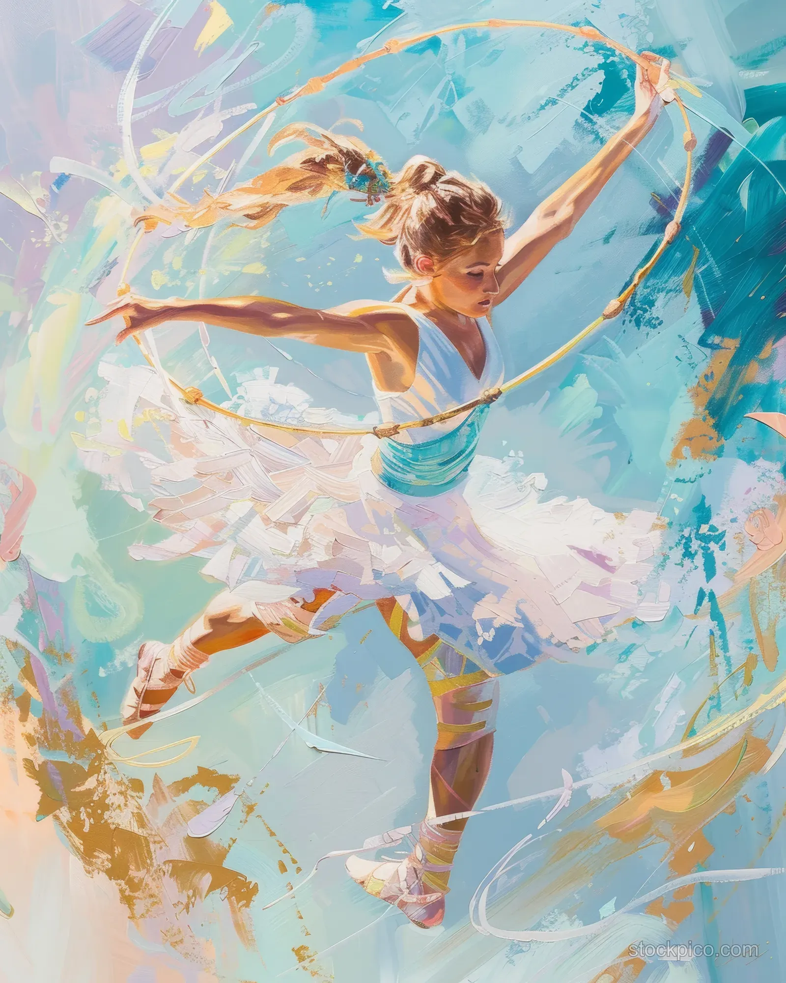 Ukrainian rhythmic gymnast spins a hoop midair in a flowing pastel costume against an abstract motion backdrop.