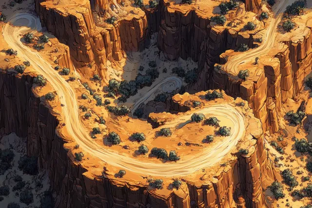 A fantasy battlemap of a desert canyon with winding paths and bright orange cliffs under dramatic sunset light.