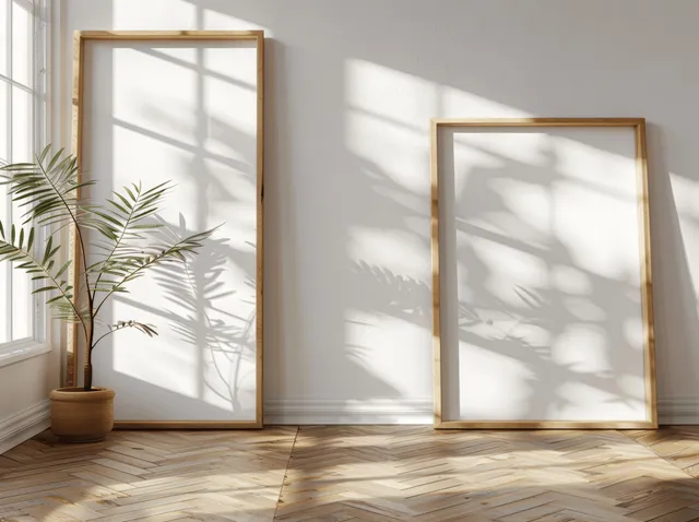 Blank wooden picture frames in a sunlit interior with window shadows and a potted plant in view.