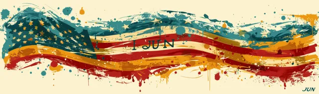 Juneteenth banner with layered American flag ribbons and black stars over a splattered paint background.