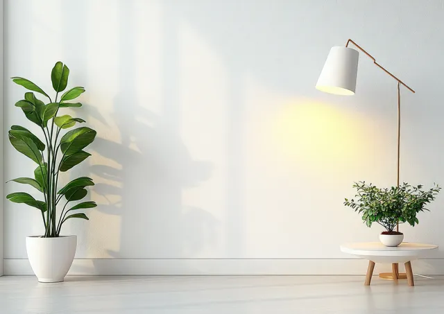 Minimalist interior corner with white desk lamp and potted green plants on ceramic pots against an empty wall.
