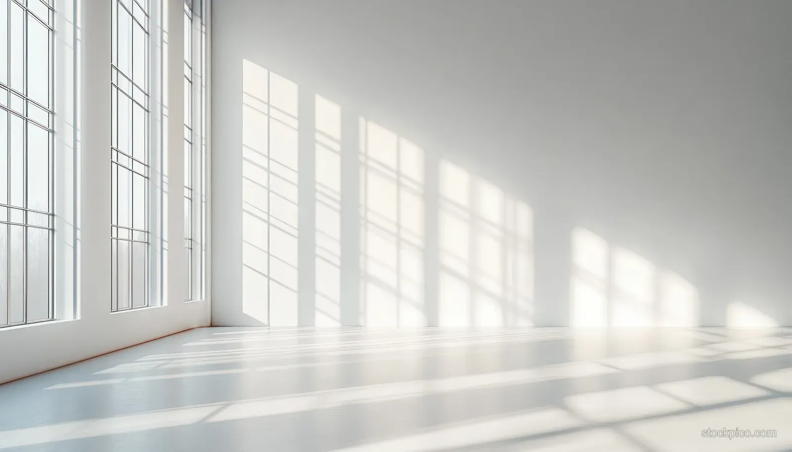 Empty minimalist interior with large windows and sunlit floor showing sharp shadow lines.