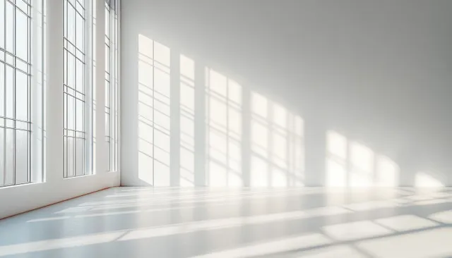 Empty minimalist interior with large windows and sunlit floor showing sharp shadow lines.