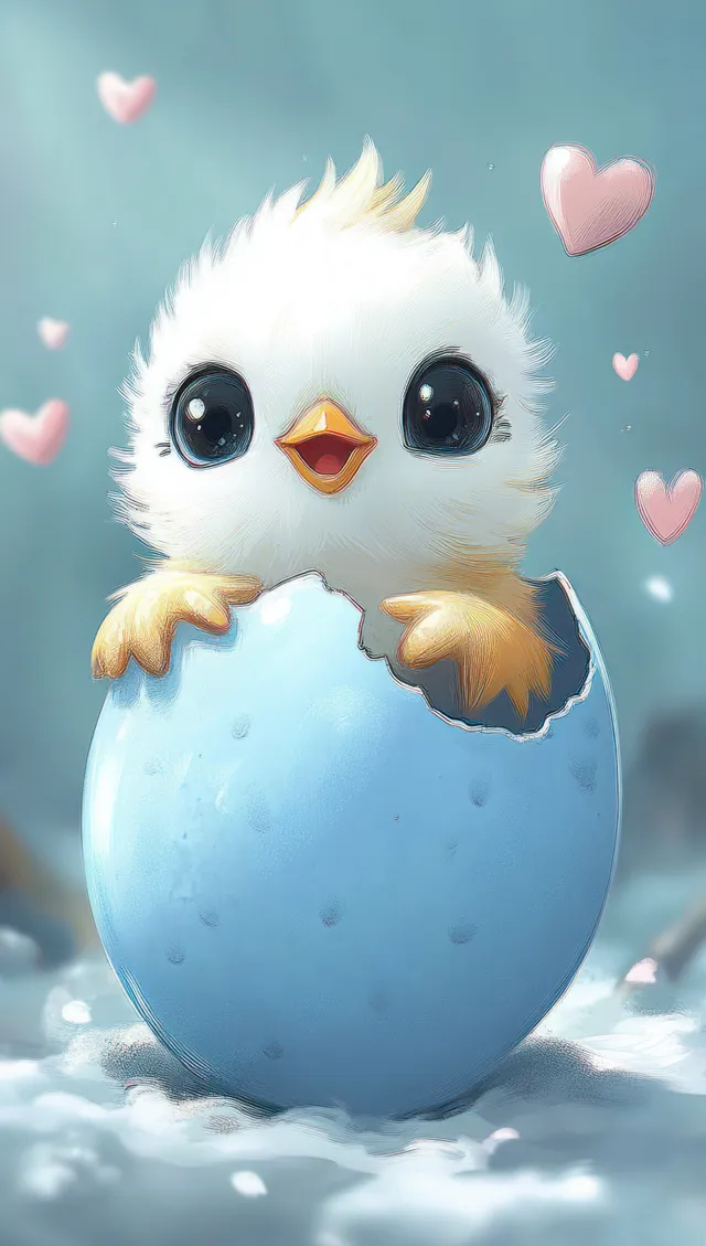 A fluffy baby chick hatches from a blue egg with sparkling eyes and floating pink hearts around it.