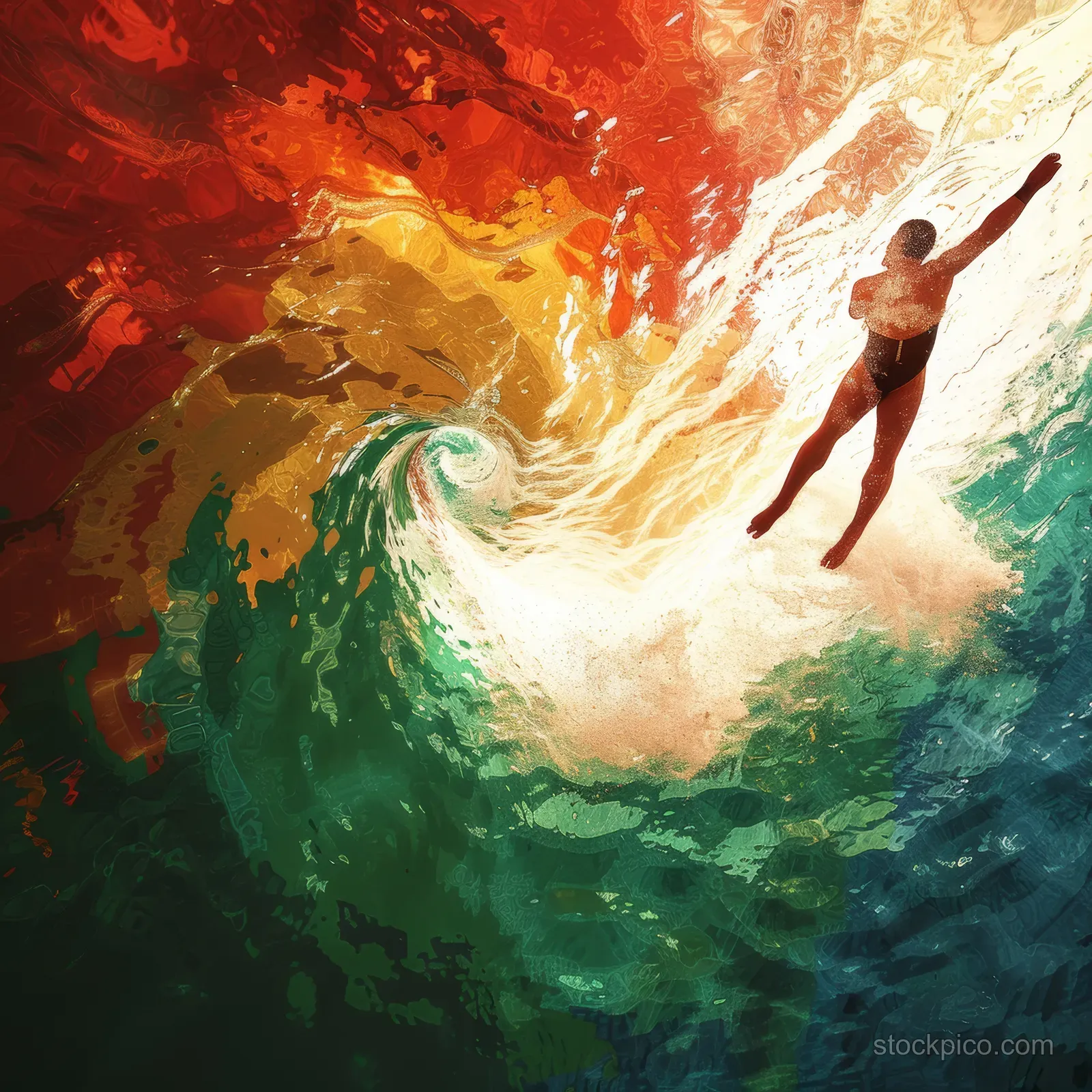 A stylized male diver leaps from a board into a colorful splash with red, white, and green water.