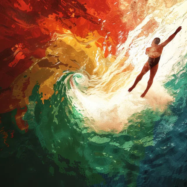 A stylized male diver leaps from a board into a colorful splash with red, white, and green water.