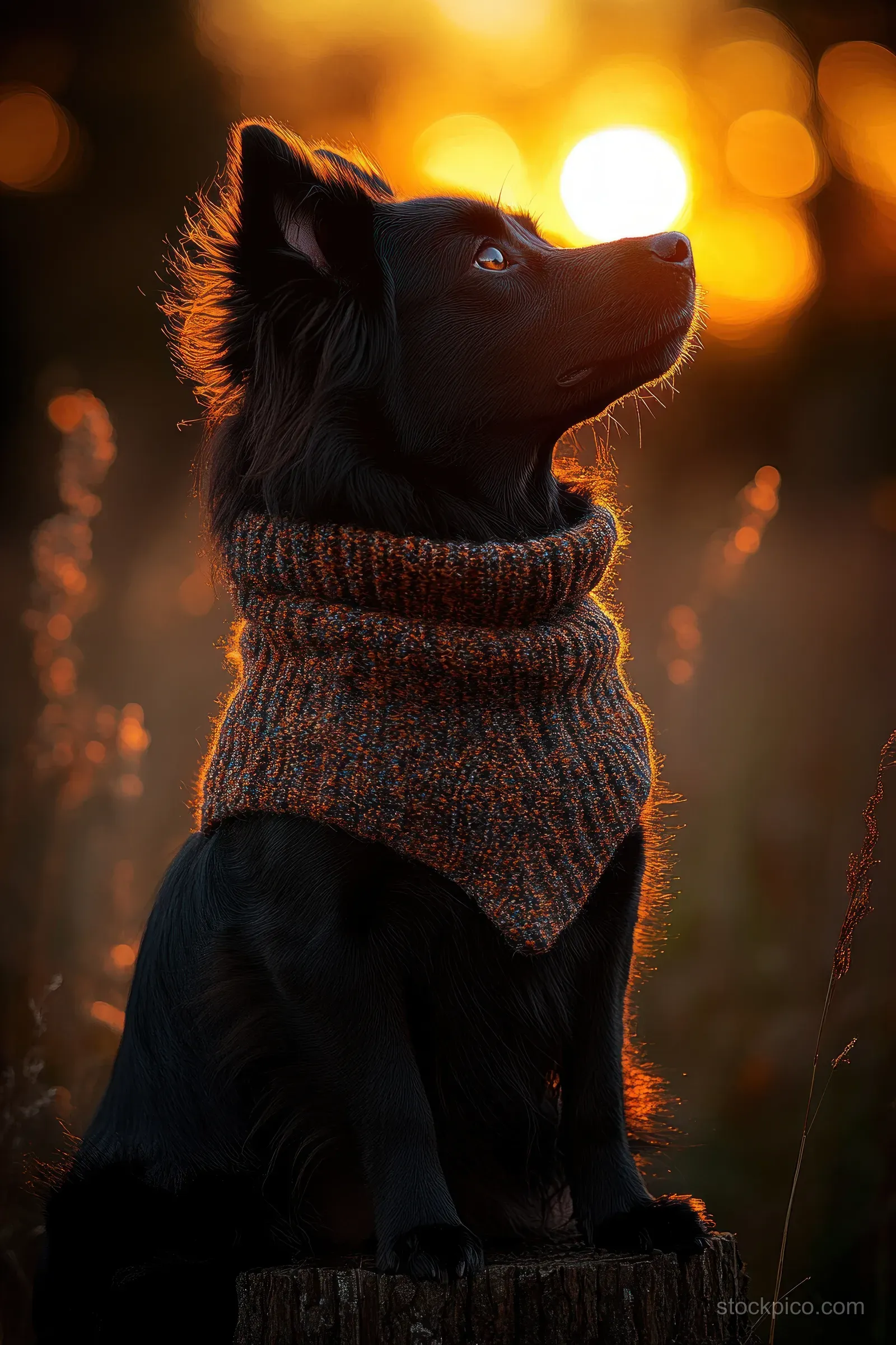 Jack Russell terrier sitting on a mossy stump as warm autumn golden hour lights blur behind it.