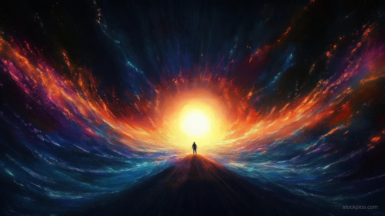 A lone silhouette on a ridge faces a glowing cosmic sun amid swirling nebula colors and radiant light rays.