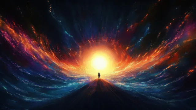 Silhouette on a ridge facing a blazing cosmic sun with swirling nebula light rays