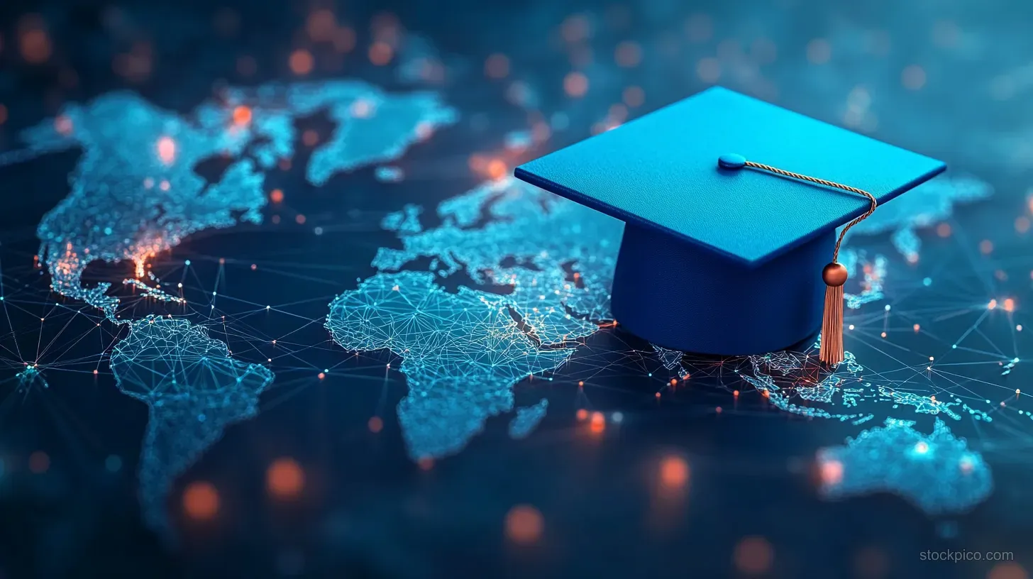 Blue graduation cap rests on a glowing digital world map with network connection lines and data points.