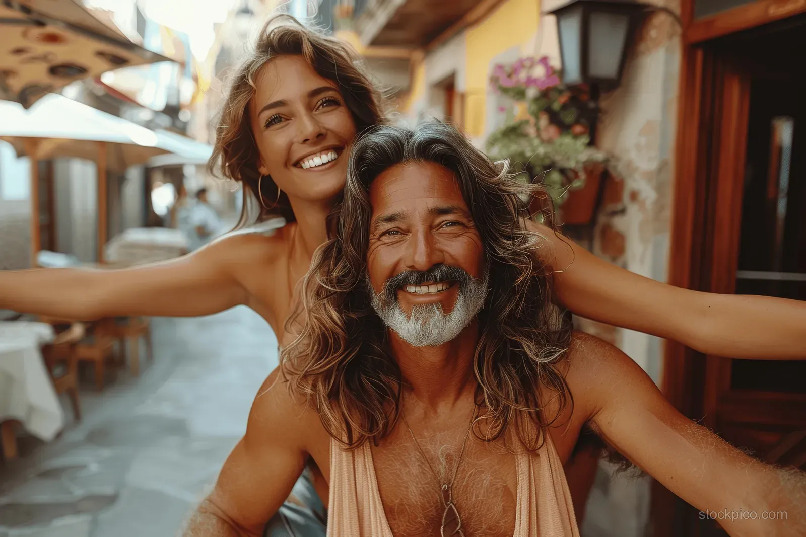A mature couple smiles with arms outstretched while walking along a Barcelona street with storefronts behind them.