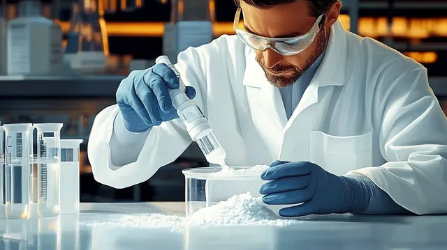 Scientist in gloves pipetting white powder into glass beaker inside a lab