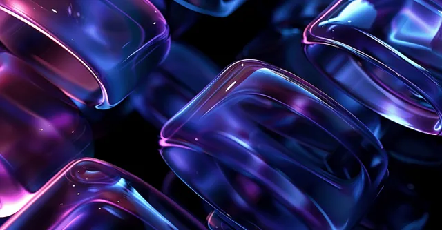 Abstract blue and purple transparent glass shapes glowing on black background