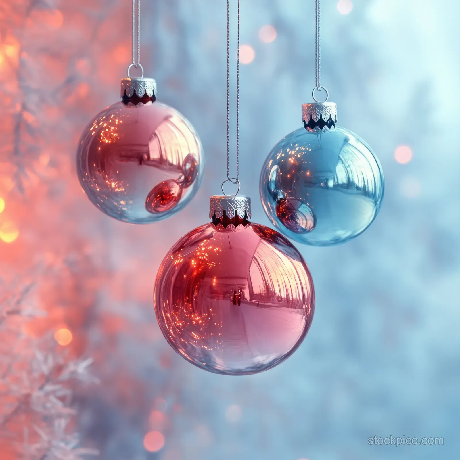 Three hanging pink and purple glass Christmas baubles with soft reflected highlights and blurred lights behind them.